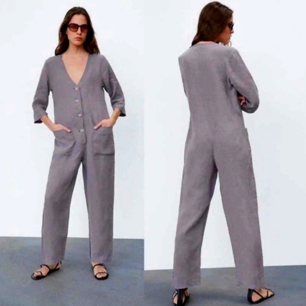 COPY - Zara Womens. Gray 100% Linen Button Front Boho Utility Lillian Jumpsuit.…